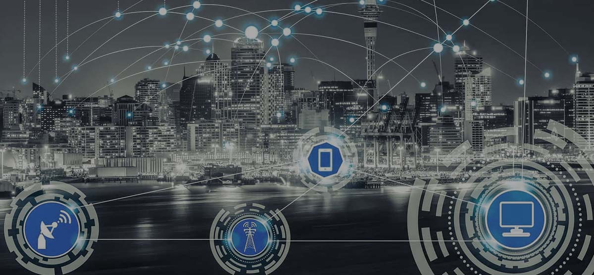 A person clicking on an “Internet of Things” screen while showing other connected images referencing how devices and data are connected all around us.